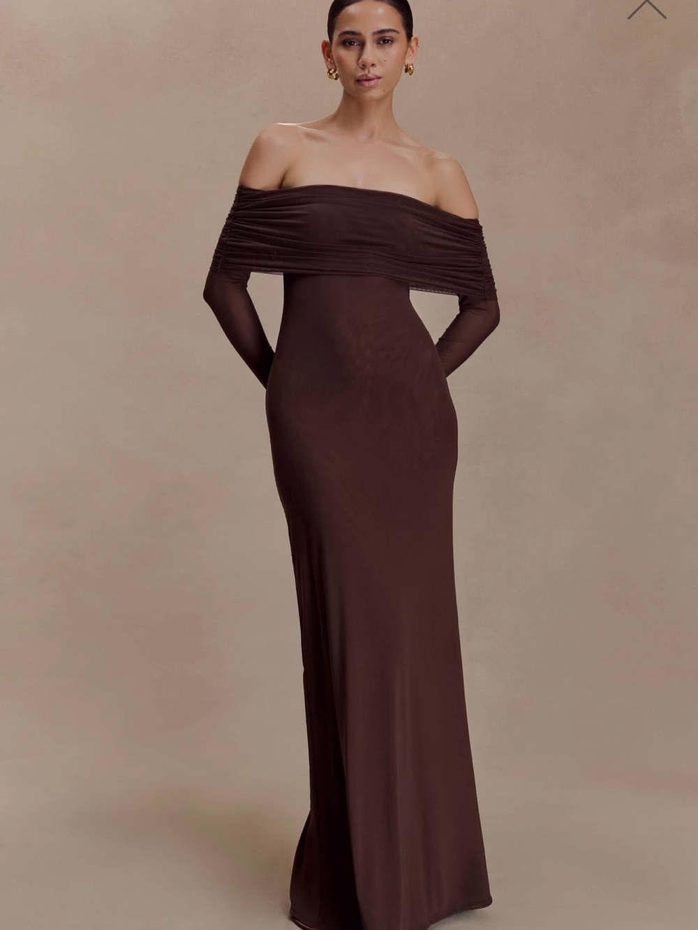 Meshki Josie Off Shoulder Mesh Maxi Dress Dark Brown Size S